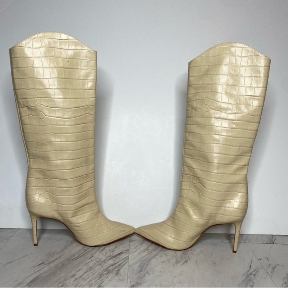 Schutz Maryana Eggshell Crocodile Embossed Leather Tall Heeled Boot 11B - Picture 6 of 16